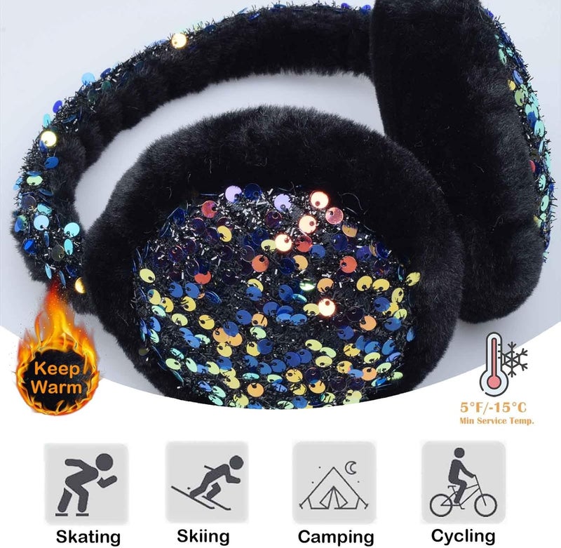 FYBW Ear Muffs Gloves Set for Kids, Winter Adjustable Sequins Warm Earmuffs for Kids Outdoor Cold Weather - Image 2